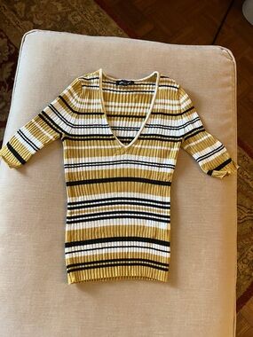 Express Striped V-Neck Sweater - Yellow, White, Black Sz XS